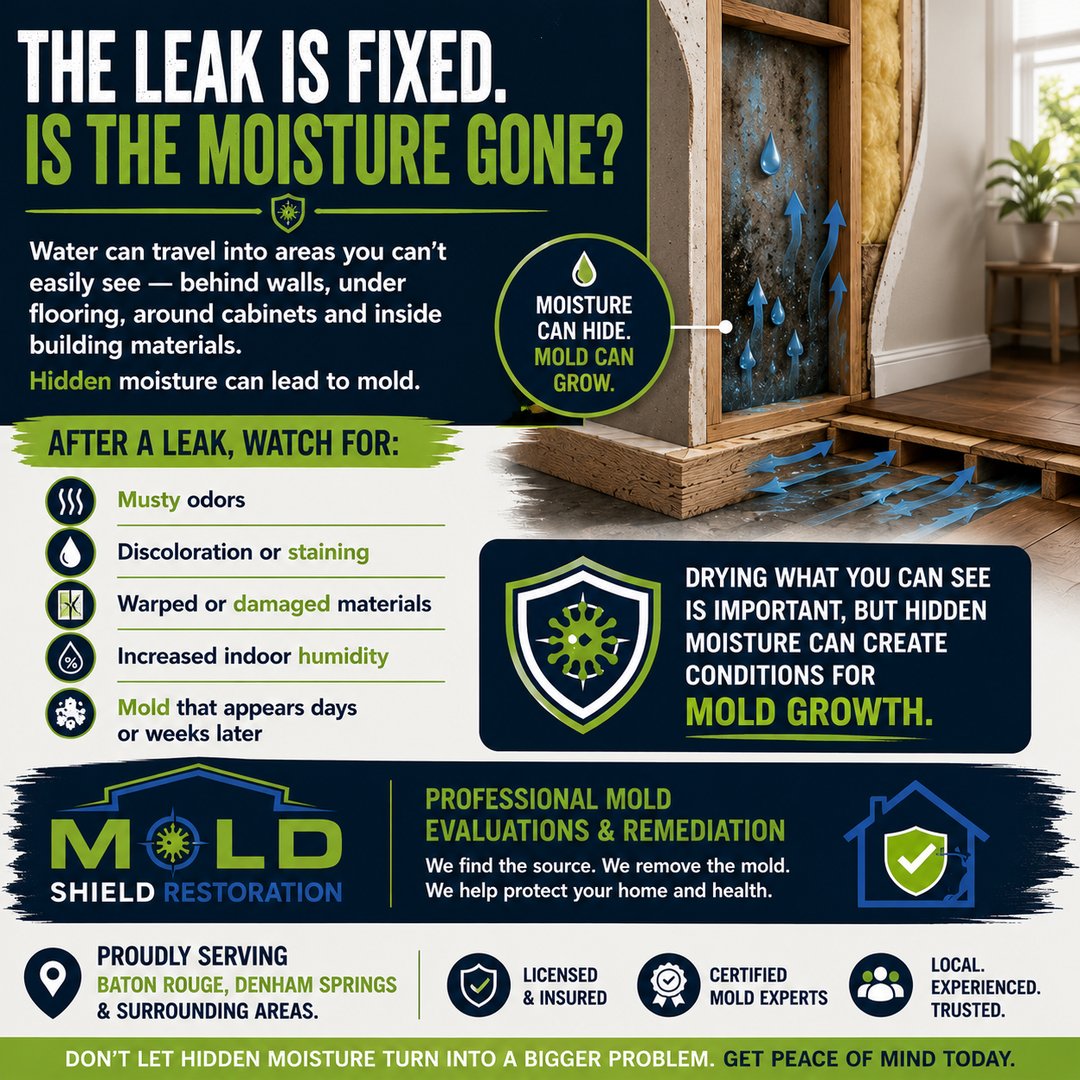 Graphic of water moving into a wall cavity and under flooring after a leak, with signs to watch for: musty odors, staining, warped materials, higher humidity, and mold appearing days or weeks later