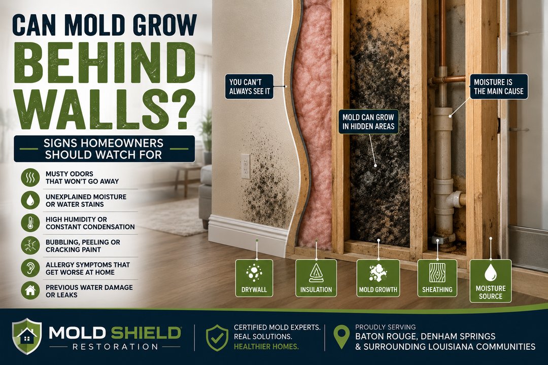 Graphic showing a wall cut open to the studs with mold inside, and signs to watch for: musty odors, water stains, high humidity, peeling paint, and past water damage