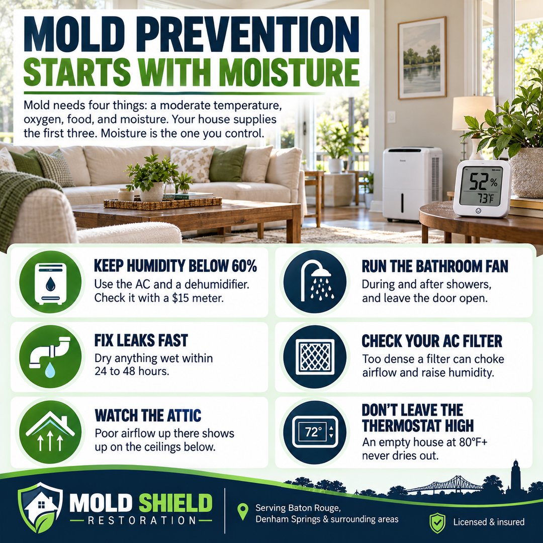 Mold prevention graphic: keep humidity below 60%, run the bathroom fan, fix leaks fast, check the AC filter, watch the attic, and don't leave the thermostat high in an empty house