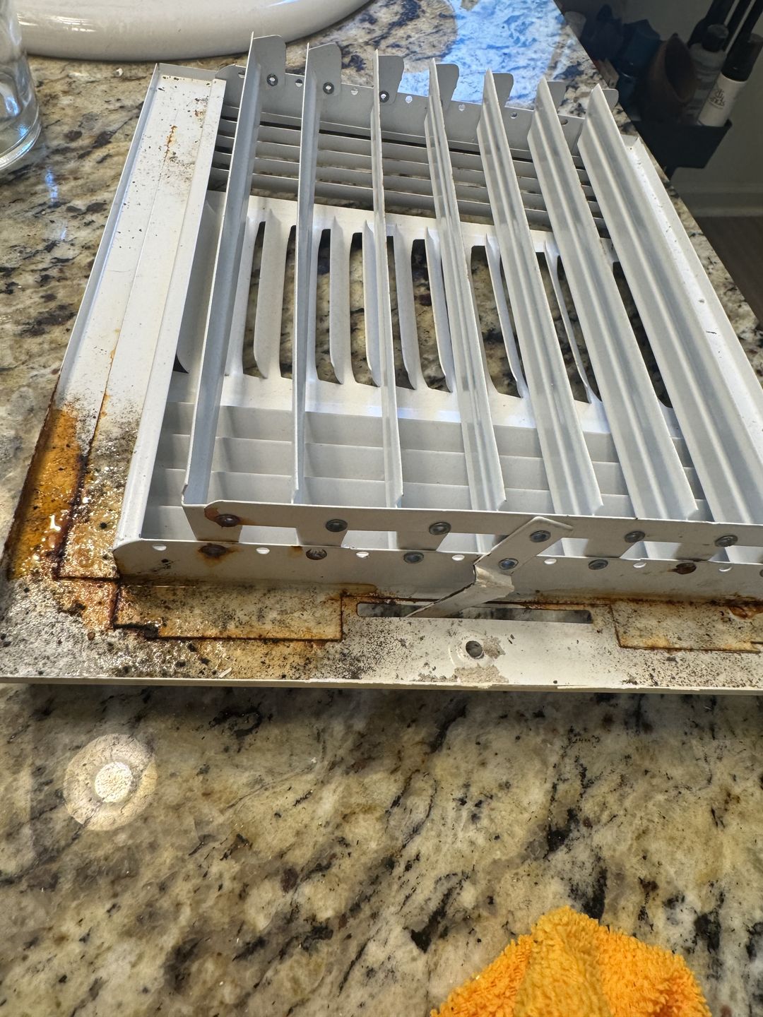 The back of a removed vent cover, showing growth and rust