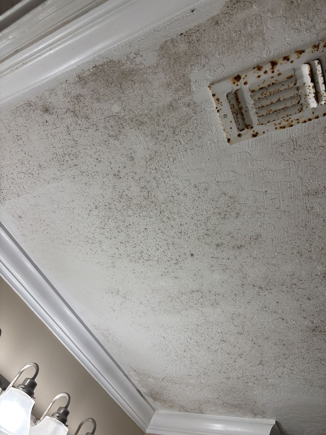 Speckling across a ceiling around a rusted supply vent