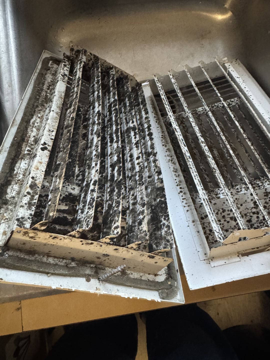 Vent covers removed and soaking in a sink, still coated in growth